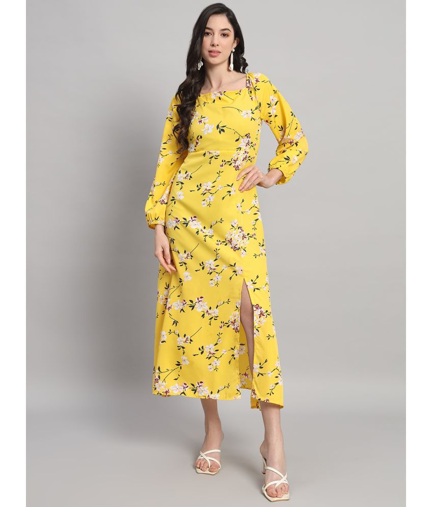    			Curvydrobe Crepe Printed Midi Women's Side Slit Dress - Yellow ( Pack of 1 )