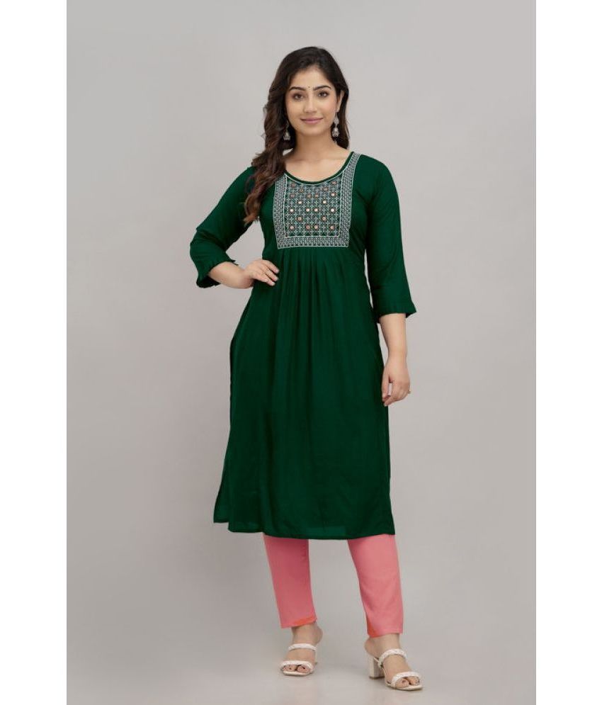     			Kapadia Rayon Embroidered Kurti With Pants Women's Stitched Salwar Suit - Green ( Pack of 1 )