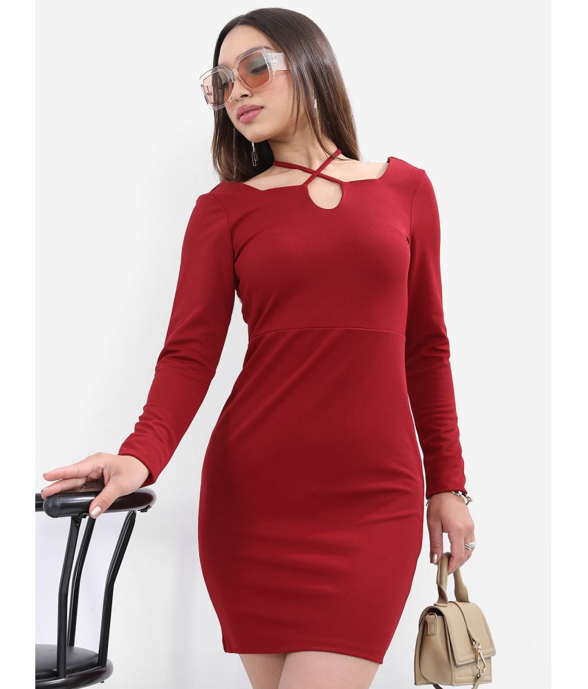     			Ketch Polyester Blend Solid Mini Women's Bodycon Dress - Maroon ( Pack of 1 )