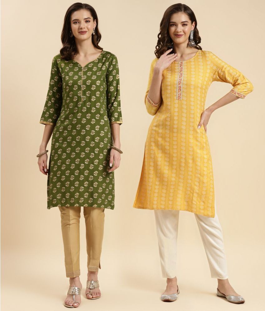     			Rangita Rayon Printed Straight Women's Kurti - Green & Yellow ( Pack of 2 )