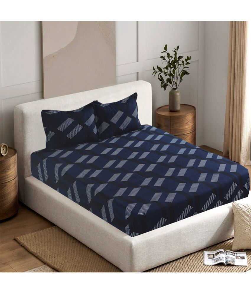     			Valtellina Cotton Geometric 1 Double Bedsheet with 2 Pillow Covers - Blue