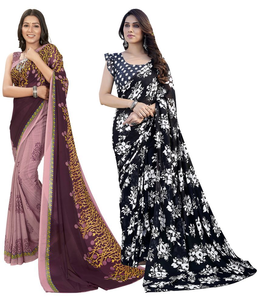     			Kashvi Sarees Georgette Printed Saree With Blouse Piece - Multicolour ( Pack of 2 )