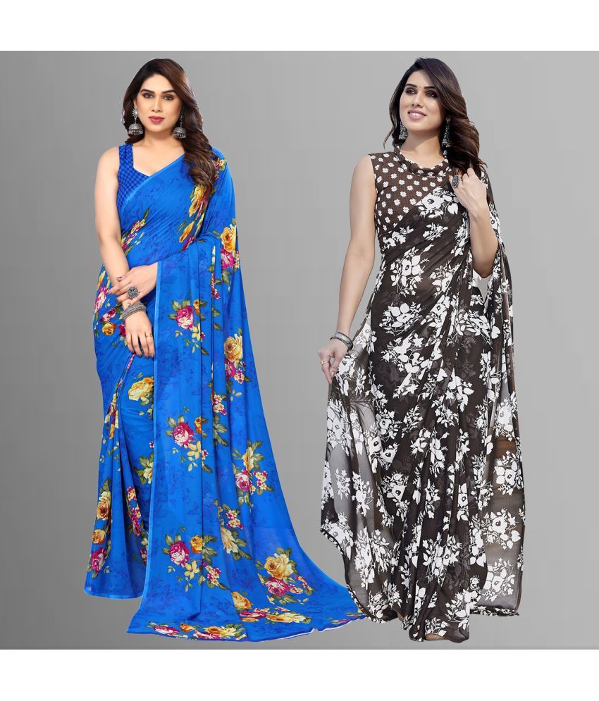     			Kashvi Sarees Georgette Printed Saree With Blouse Piece - Multicolour ( Pack of 2 )