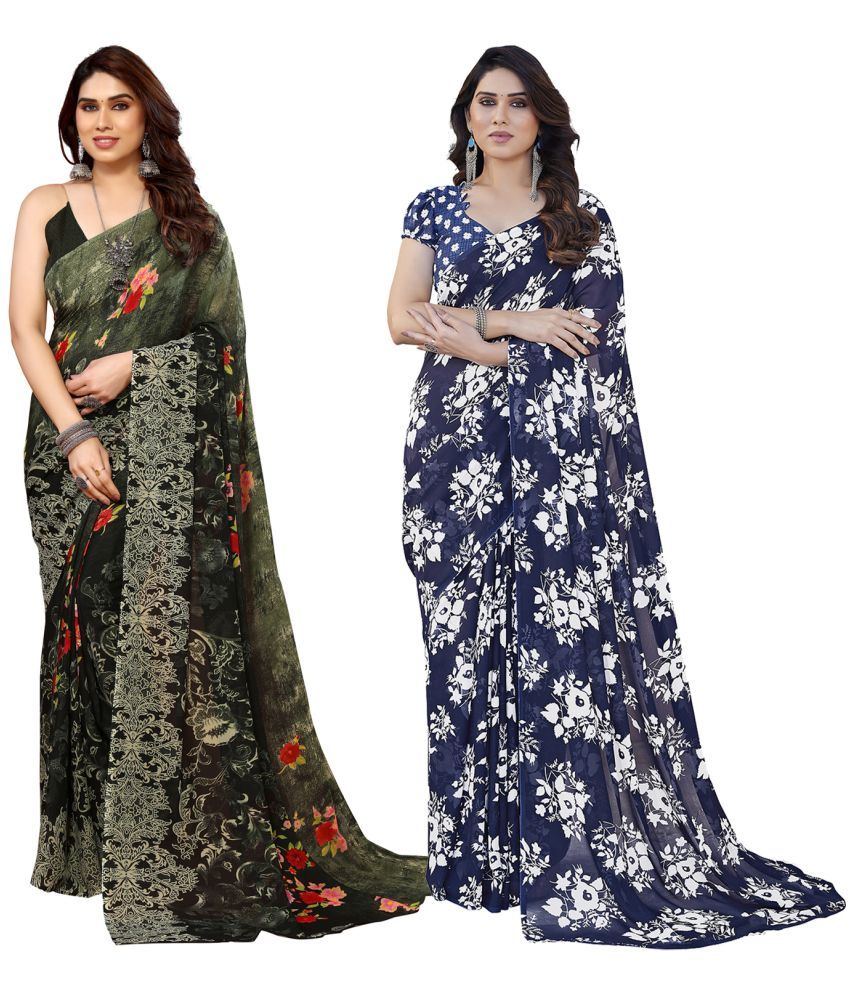     			Kashvi Sarees Georgette Printed Saree With Blouse Piece - Multicolour ( Pack of 2 )