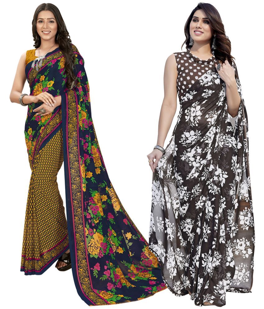     			Kashvi Sarees Georgette Printed Saree With Blouse Piece - Multicolour ( Pack of 2 )