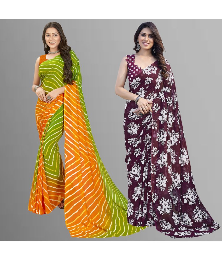     			Kashvi Sarees Georgette Printed Saree With Blouse Piece - Multicolour ( Pack of 2 )