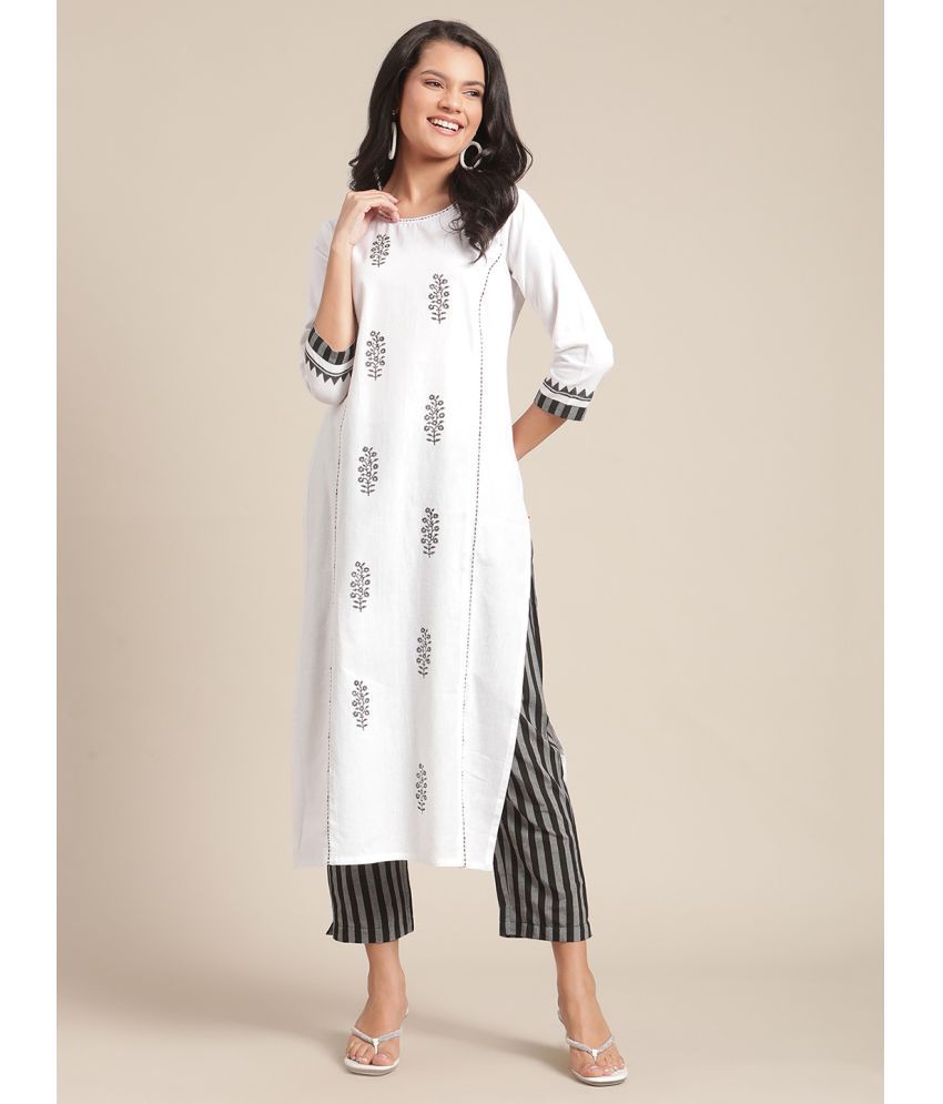     			Varanga Cotton Blend Printed Kurti With Pants Women's Stitched Salwar Suit - White ( Pack of 1 )