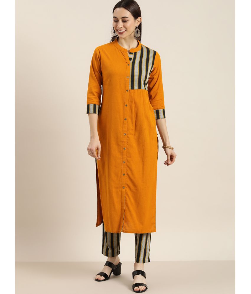     			Varanga Cotton Blend Striped Kurti With Pants Women's Stitched Salwar Suit - Mustard ( Pack of 1 )