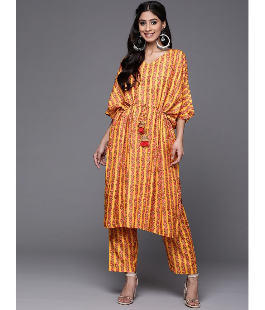     			Varanga Cotton Printed Kurti With Pants Women's Stitched Salwar Suit - Mustard ( Pack of 1 )