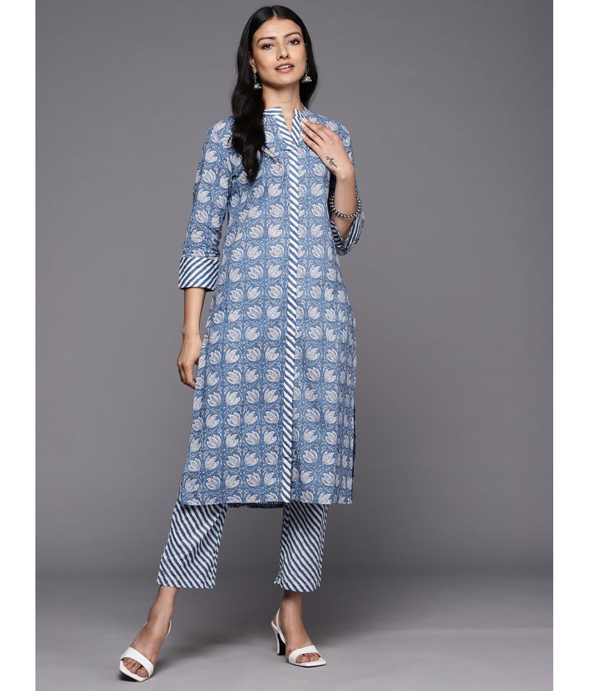     			Varanga Cotton Printed Kurti With Pants Women's Stitched Salwar Suit - Blue ( Pack of 1 )