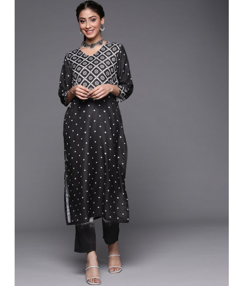     			Varanga Silk Blend Printed Kurti With Pants Women's Stitched Salwar Suit - Black ( Pack of 1 )