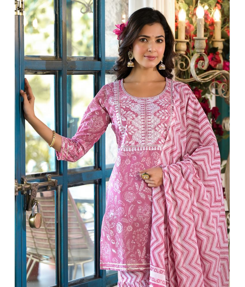     			Yufta Cotton Embroidered Kurti With Sharara And Gharara Women's Stitched Salwar Suit - Mauve ( Pack of 1 )