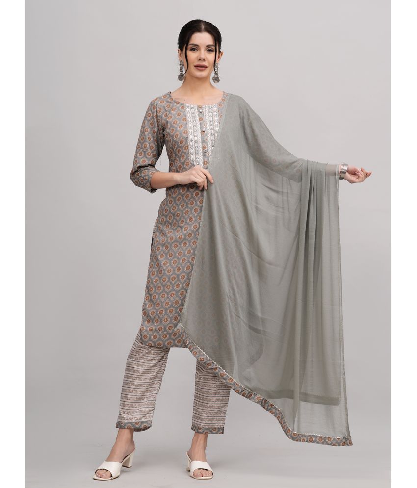    			HIGHLIGHT FASHION EXPORT Cotton Printed Kurti With Pants Women's Stitched Salwar Suit - Grey ( Pack of 1 )
