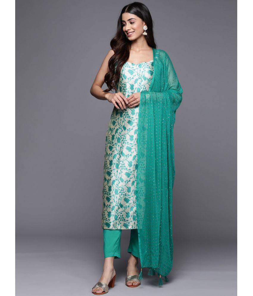     			Varanga Chanderi Printed Kurti With Pants Women's Stitched Salwar Suit - Turquoise ( Pack of 1 )