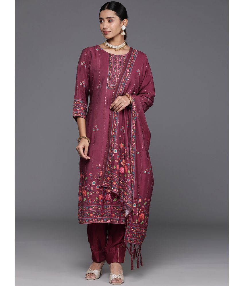     			Varanga Cotton Blend Printed Kurti With Pants Women's Stitched Salwar Suit - Purple ( Pack of 1 )