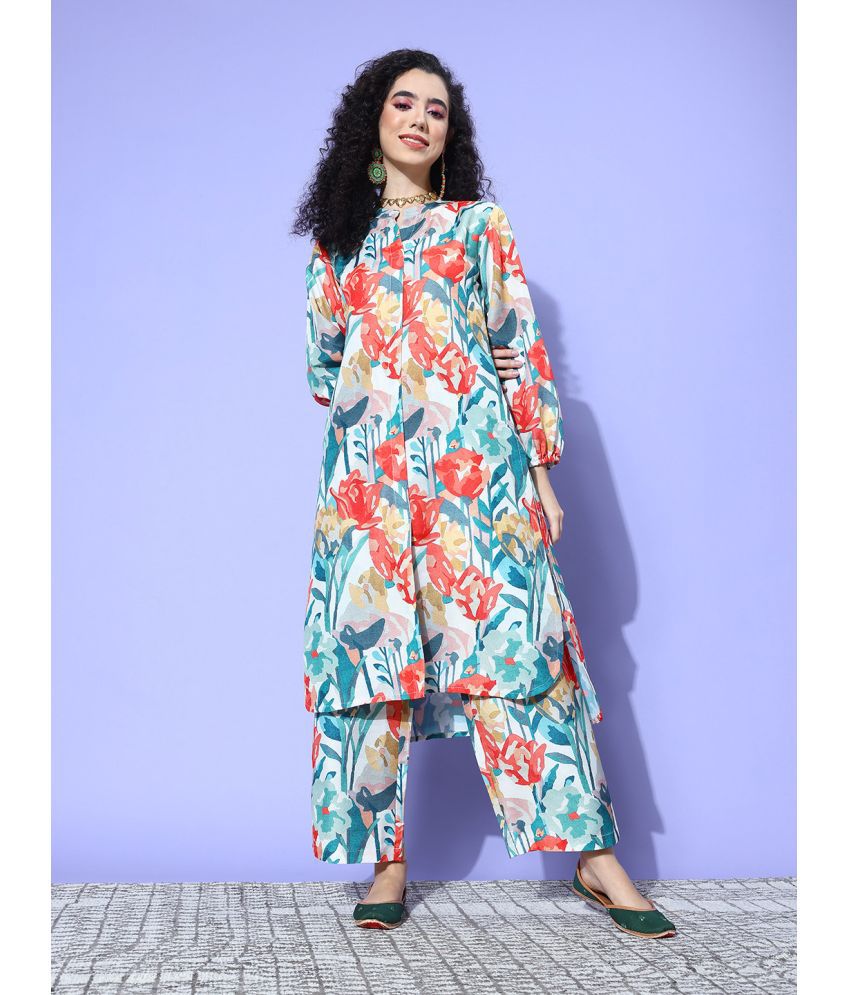     			Varanga Cotton Blend Printed Kurti With Pants Women's Stitched Salwar Suit - Cream ( Pack of 1 )