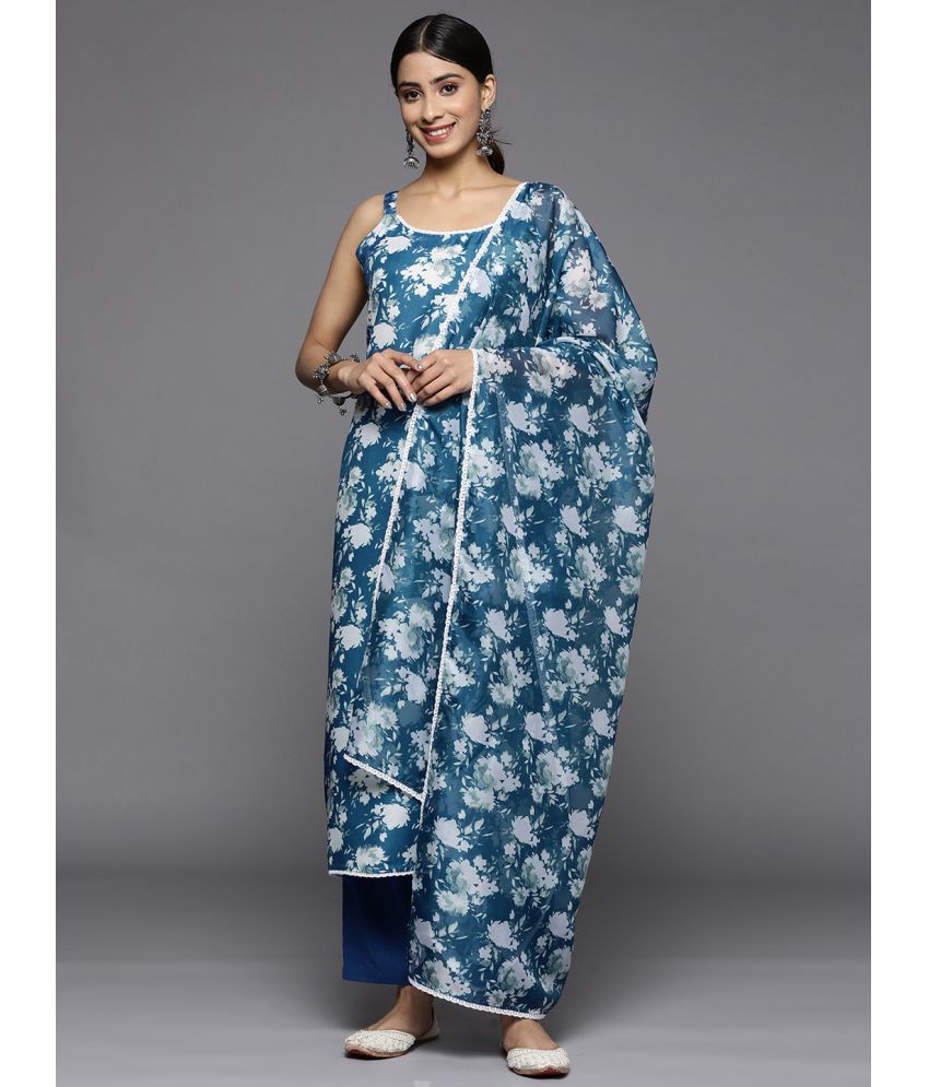     			Varanga Cotton Blend Printed Kurti With Pants Women's Stitched Salwar Suit - Blue ( Pack of 1 )