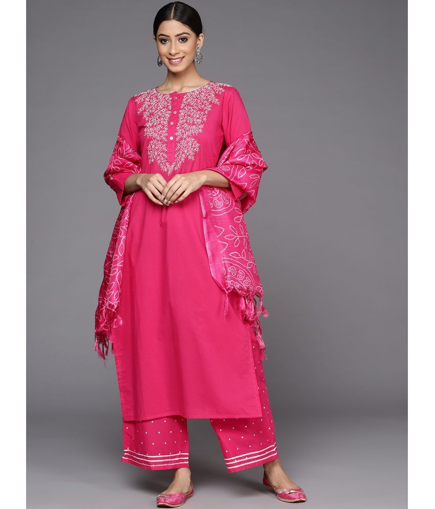     			Varanga Cotton Embroidered Kurti With Pants Women's Stitched Salwar Suit - Pink ( Pack of 1 )