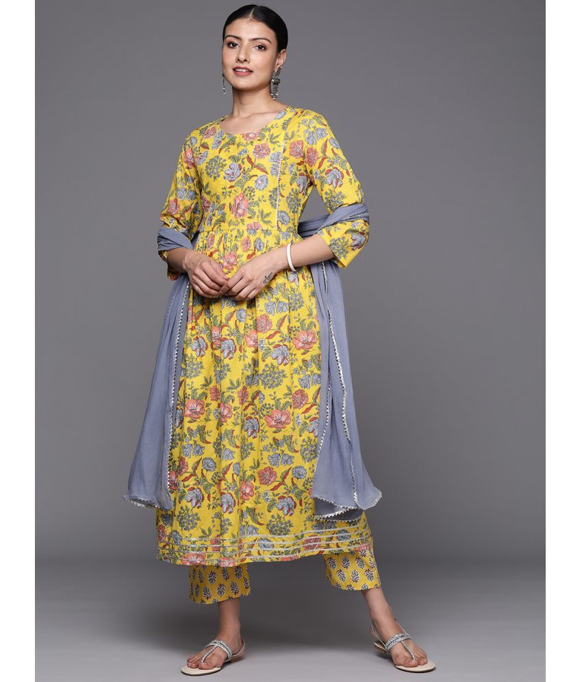     			Varanga Cotton Printed Kurti With Pants Women's Stitched Salwar Suit - Yellow ( Pack of 1 )