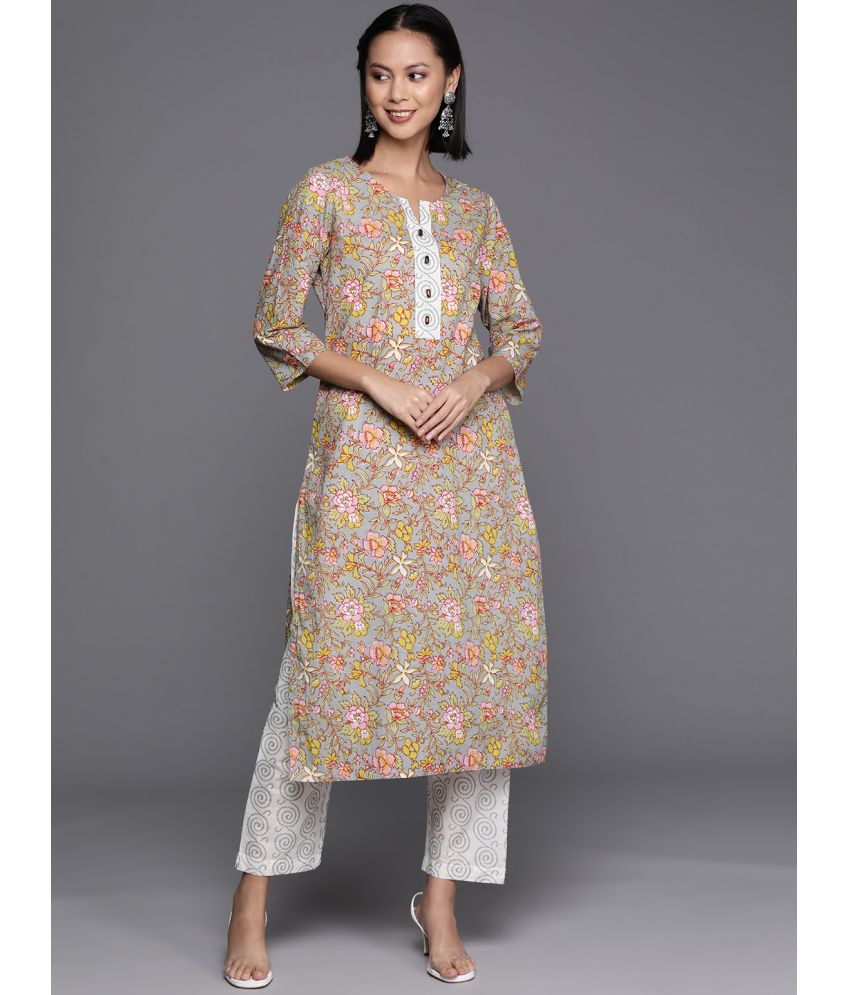     			Varanga Cotton Printed Kurti With Pants Women's Stitched Salwar Suit - Light Grey ( Pack of 1 )