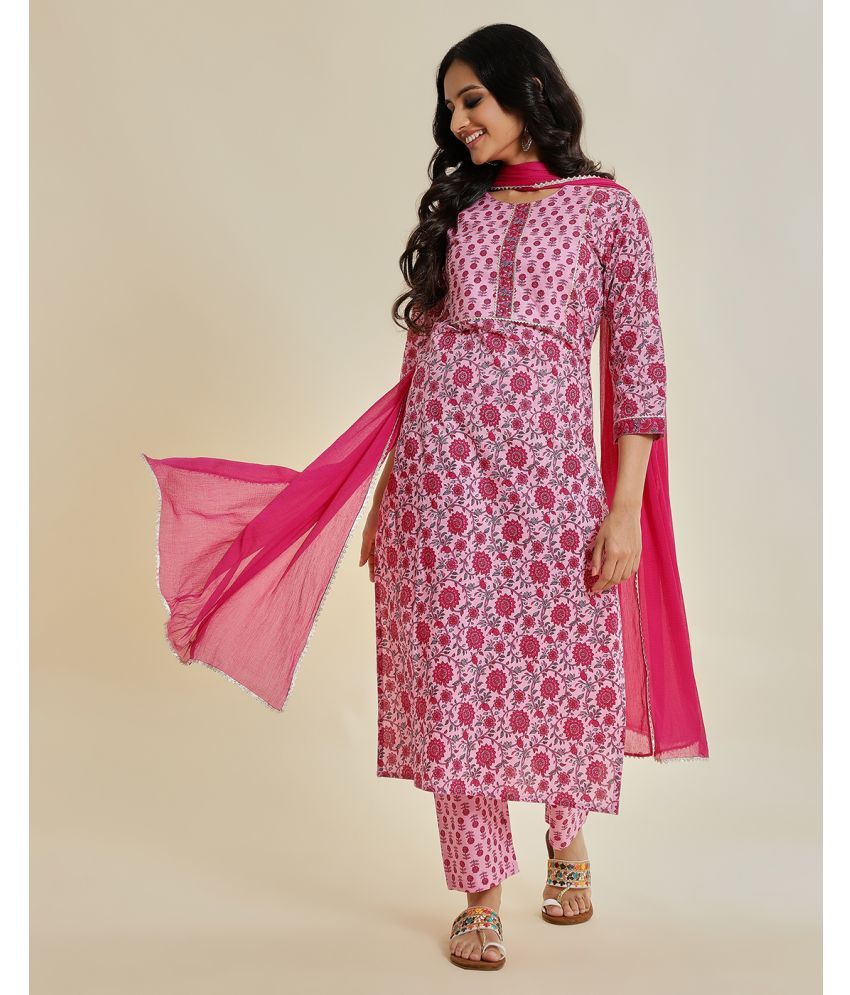     			Varanga Cotton Printed Kurti With Pants Women's Stitched Salwar Suit - Pink ( Pack of 1 )