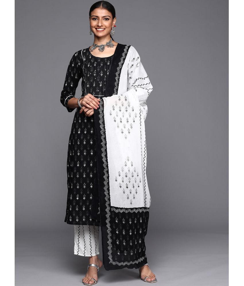     			Varanga Cotton Printed Kurti With Pants Women's Stitched Salwar Suit - Black ( Pack of 1 )