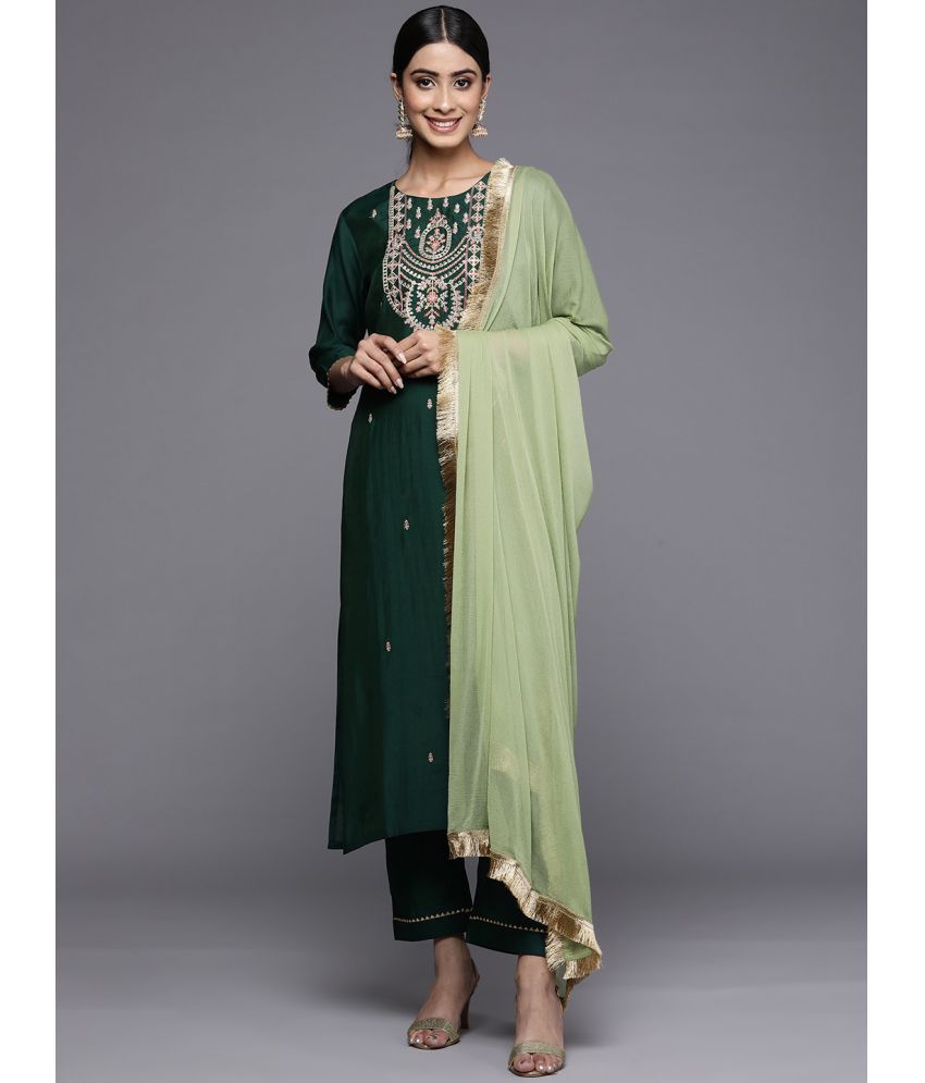     			Varanga Silk Blend Embroidered Kurti With Pants Women's Stitched Salwar Suit - Green ( Pack of 1 )