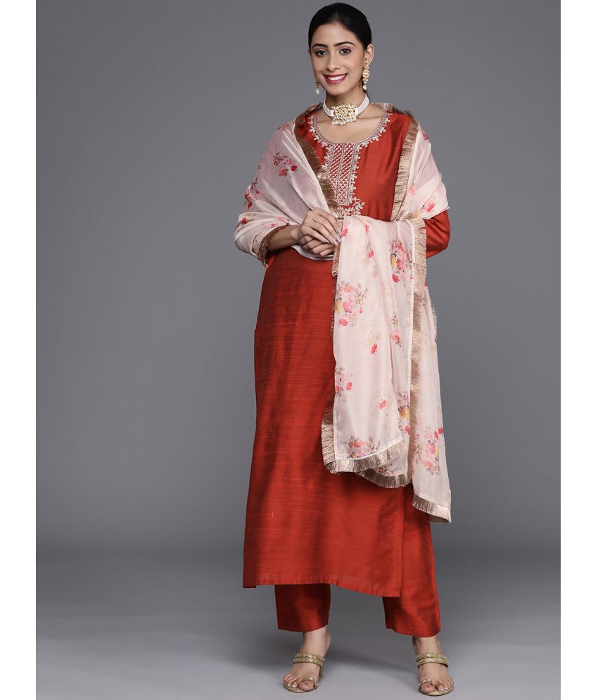     			Varanga Silk Blend Embroidered Kurti With Pants Women's Stitched Salwar Suit - Red ( Pack of 1 )