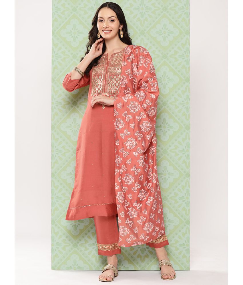     			Varanga Silk Blend Solid Kurti With Pants Women's Stitched Salwar Suit - Peach ( Pack of 1 )
