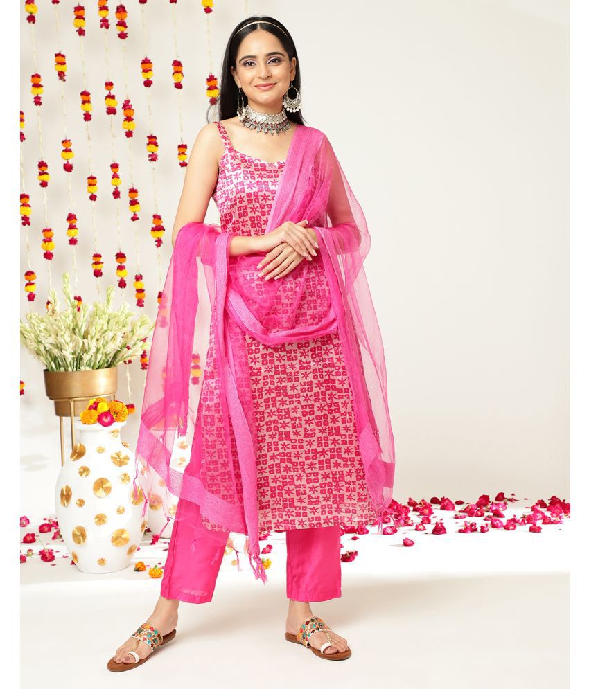     			Varanga Silk Printed Kurti With Pants Women's Stitched Salwar Suit - Pink ( Pack of 1 )