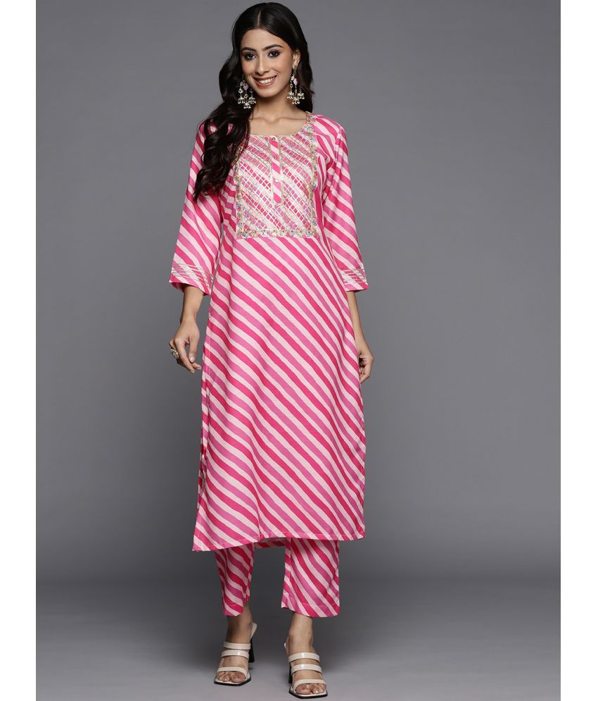     			Varanga Cotton Blend Striped Kurti With Pants Women's Stitched Salwar Suit - Pink ( Pack of 1 )
