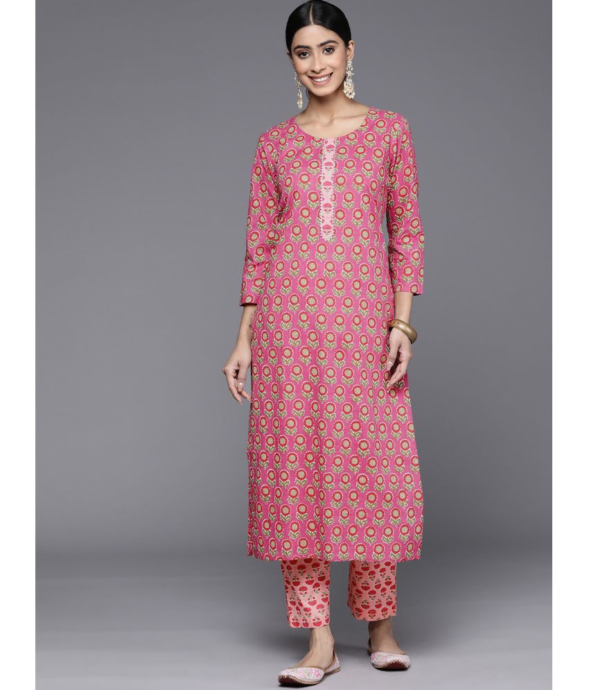     			Varanga Cotton Printed Kurti With Pants Women's Stitched Salwar Suit - Pink ( Pack of 1 )