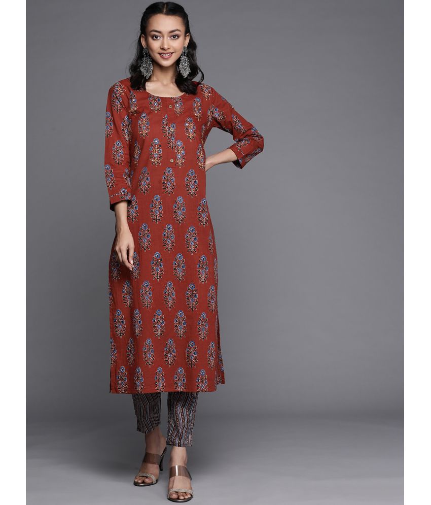     			Varanga Silk Blend Printed Kurti With Pants Women's Stitched Salwar Suit - Rust ( Pack of 1 )