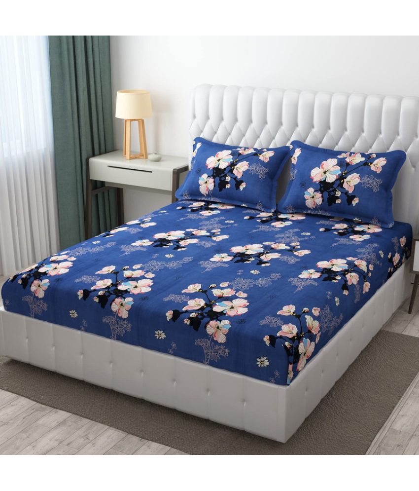     			JBTC COTTON Floral Fitted 1 Bedsheet with 2 Pillow Covers ( Double Bed ) - BLUE