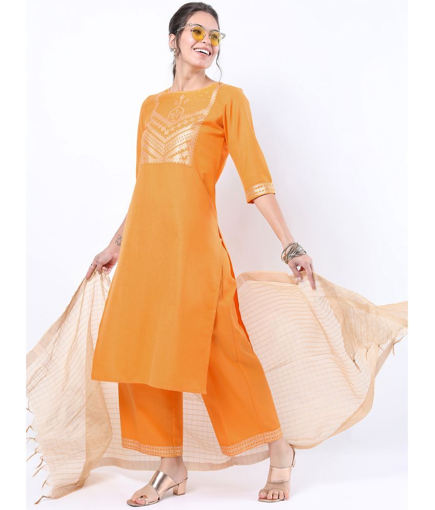     			Ketch Polyester Embellished Kurti With Palazzo Women's Stitched Salwar Suit - Yellow ( Pack of 1 )