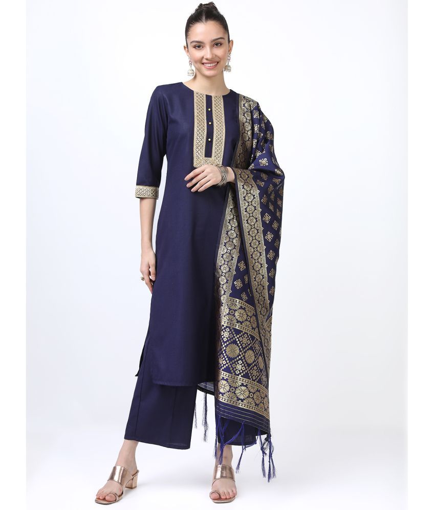     			Ketch Polyester Embellished Kurti With Palazzo Women's Stitched Salwar Suit - Navy Blue ( Pack of 1 )