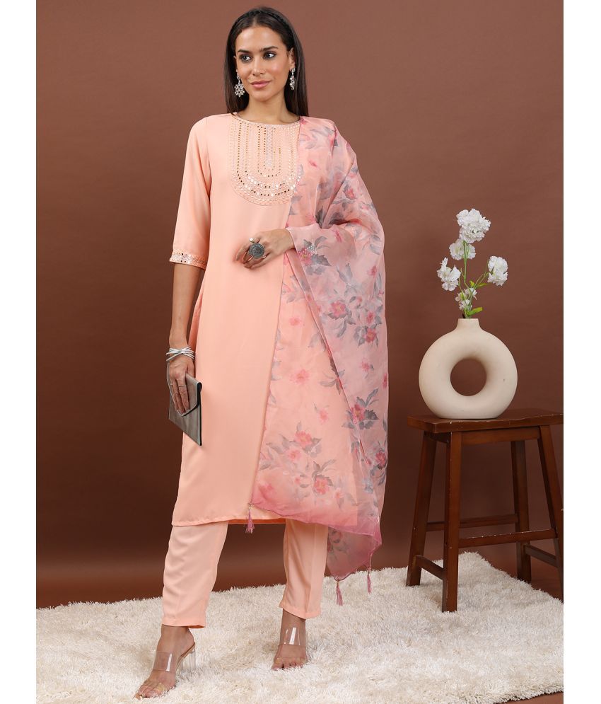     			Ketch Polyester Embellished Kurti With Pants Women's Stitched Salwar Suit - Peach ( Pack of 1 )