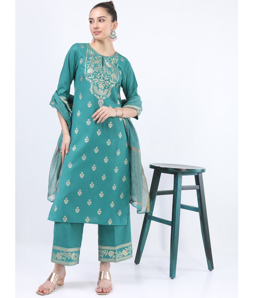     			Ketch Polyester Embellished Kurti With Palazzo Women's Stitched Salwar Suit - Green ( Pack of 1 )
