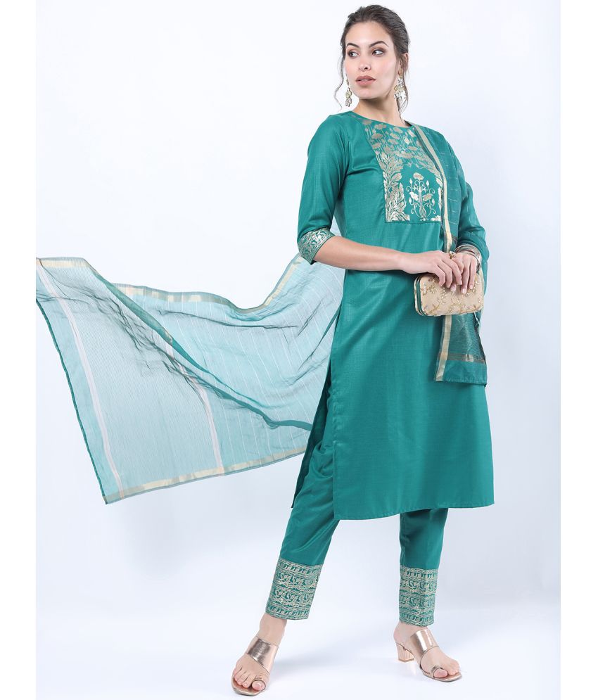     			Ketch Polyester Embellished Kurti With Pants Women's Stitched Salwar Suit - Green ( Pack of 1 )