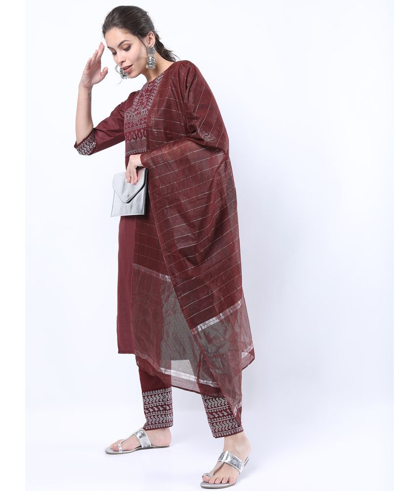     			Ketch Polyester Embellished Kurti With Pants Women's Stitched Salwar Suit - Burgundy ( Pack of 1 )