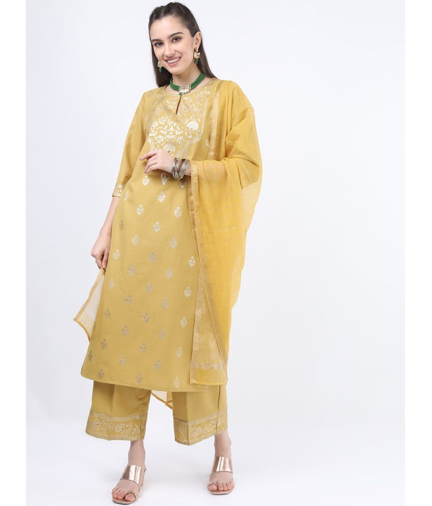     			Ketch Polyester Embellished Kurti With Palazzo Women's Stitched Salwar Suit - Yellow ( Pack of 1 )