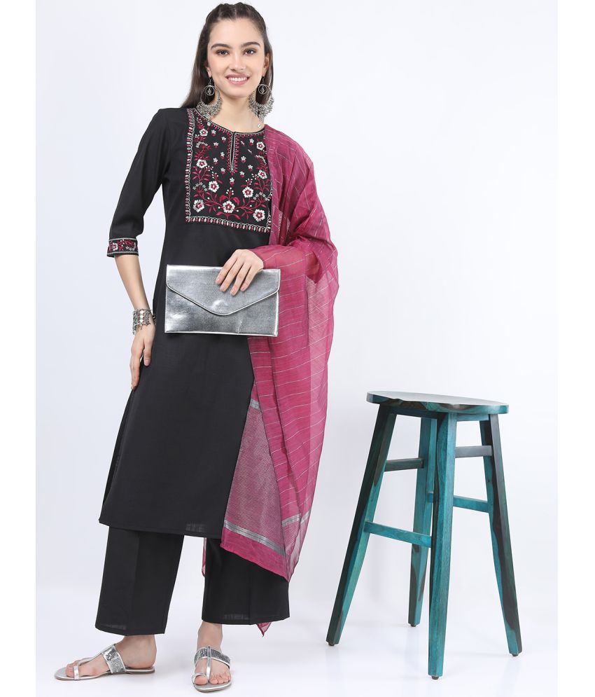     			Ketch Polyester Embroidered Kurti With Palazzo Women's Stitched Salwar Suit - Black ( Pack of 1 )
