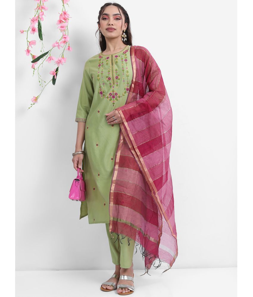     			Ketch Polyester Embroidered Kurti With Pants Women's Stitched Salwar Suit - Green ( Pack of 1 )