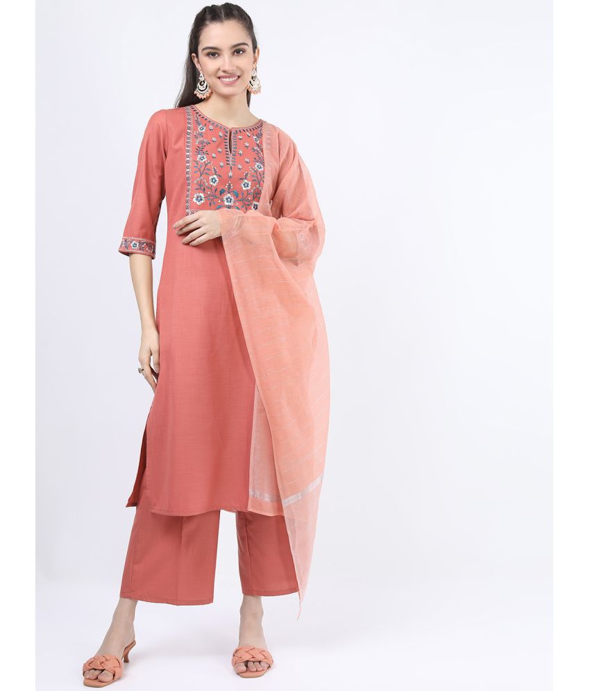     			Ketch Polyester Embroidered Kurti With Palazzo Women's Stitched Salwar Suit - Coral ( Pack of 1 )