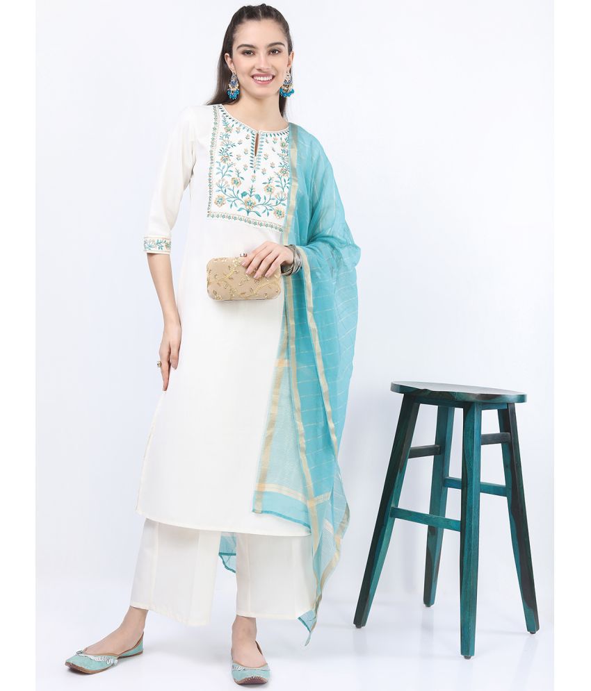     			Ketch Polyester Embroidered Kurti With Palazzo Women's Stitched Salwar Suit - Cream ( Pack of 1 )