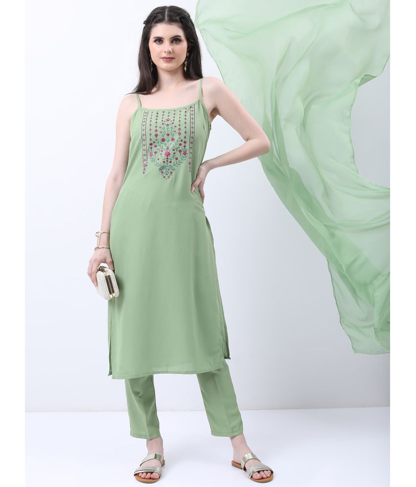     			Ketch Polyester Embroidered Kurti With Pants Women's Stitched Salwar Suit - Green ( Pack of 1 )
