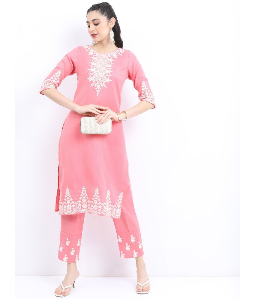     			Ketch Polyester Embroidered Kurti With Palazzo Women's Stitched Salwar Suit - Pink ( Pack of 1 )