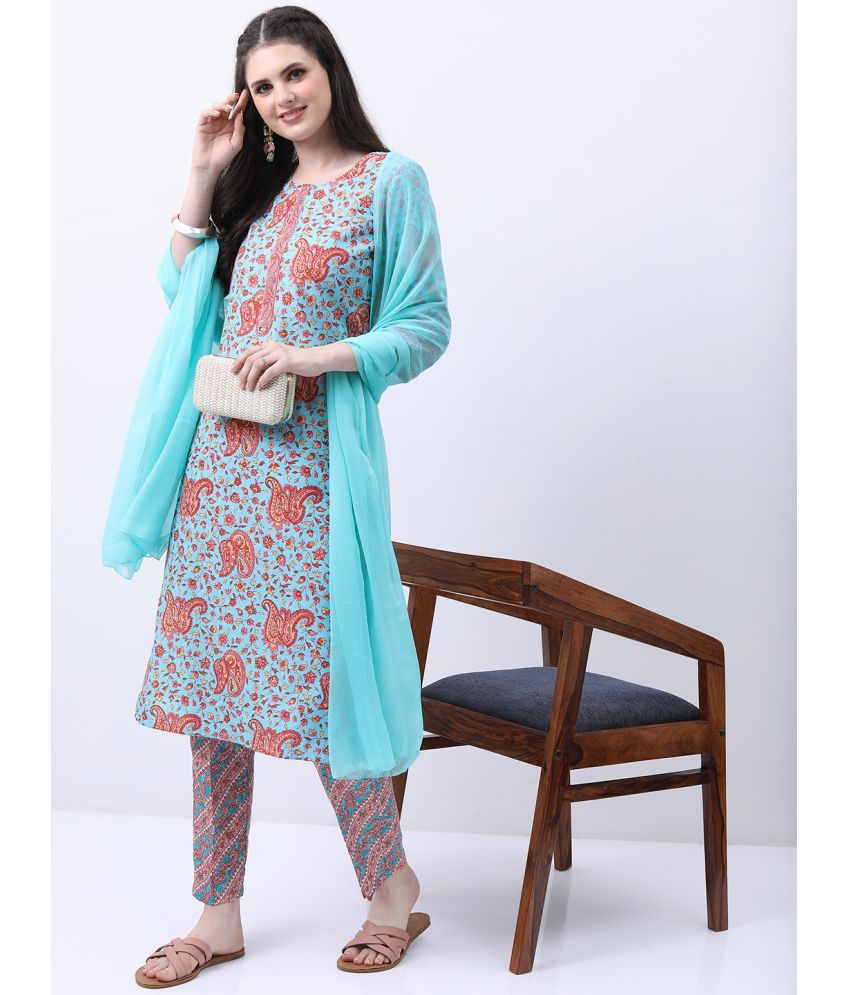     			Ketch Polyester Printed Kurti With Pants Women's Stitched Salwar Suit - Blue ( Pack of 1 )