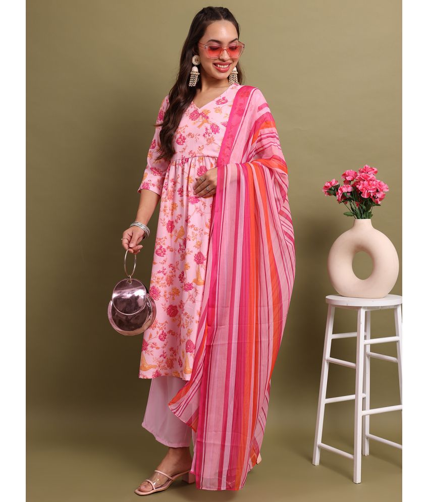     			Ketch Polyester Printed Kurti With Palazzo Women's Stitched Salwar Suit - Pink ( Pack of 1 )