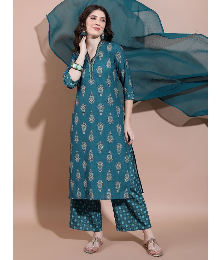     			Ketch Polyester Printed Kurti With Palazzo Women's Stitched Salwar Suit - Teal ( Pack of 1 )